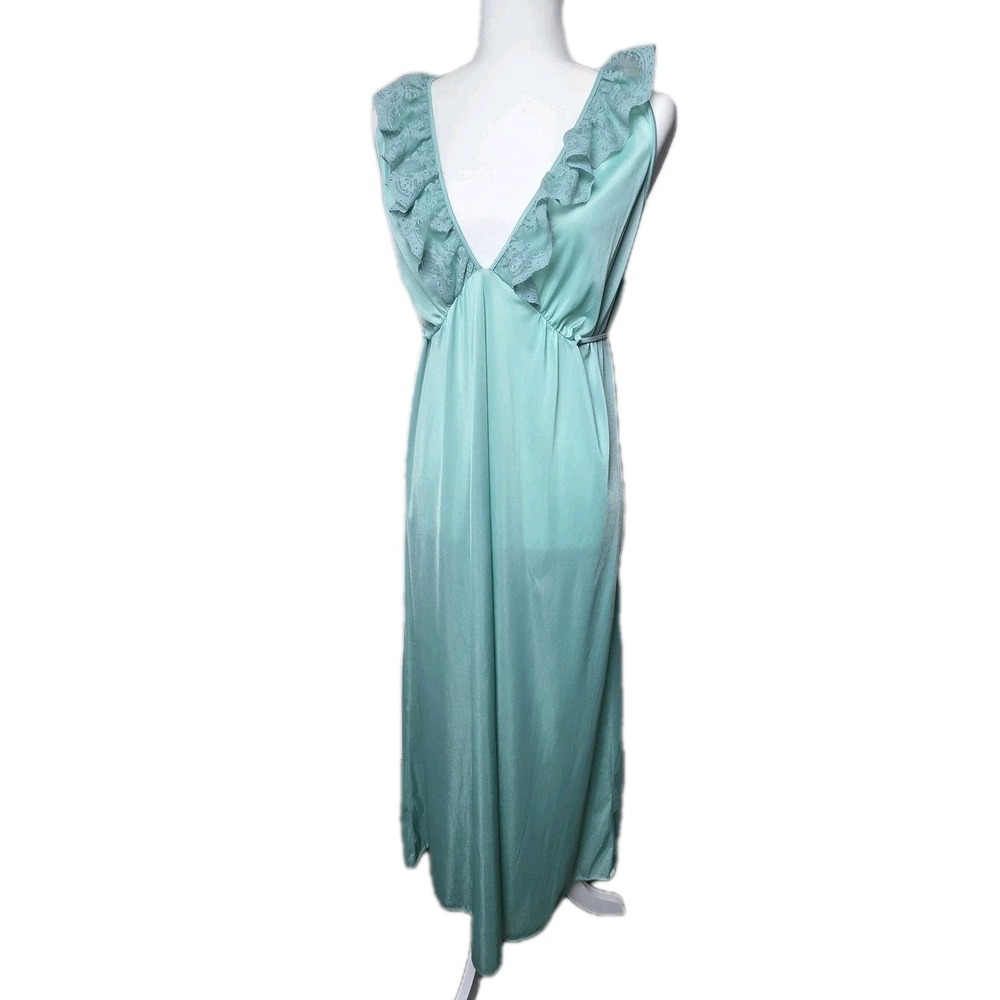 Vintage 70's MOVIE‎ STAR Nightgown Green Maxi Long Dress Lace Babydoll Nylon M